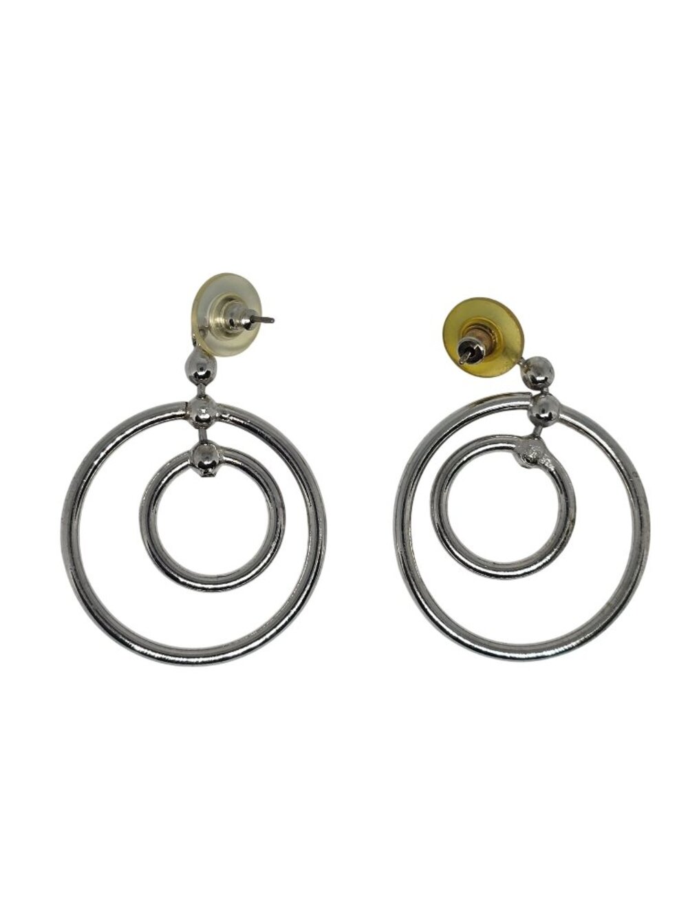 Silver Double Hoop Drop Earrings With Round‎ Stud Post Backing